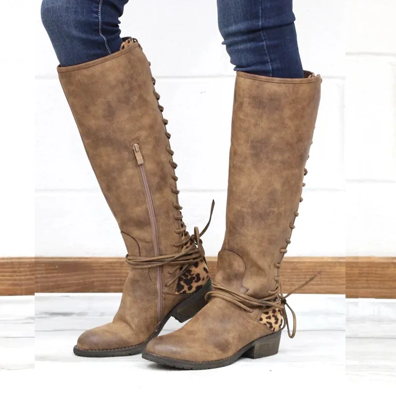Chicvane Retro British Stylish Lace Up Leopard Printed  Knee High Boots with Zipper