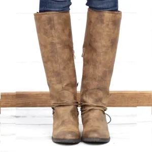 Chicvane Retro British Stylish Lace Up Leopard Printed  Knee High Boots with Zipper