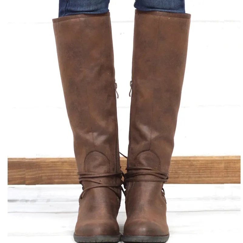 Chicvane Retro British Stylish Lace Up Red Plaid Knee High Boots with Zipper