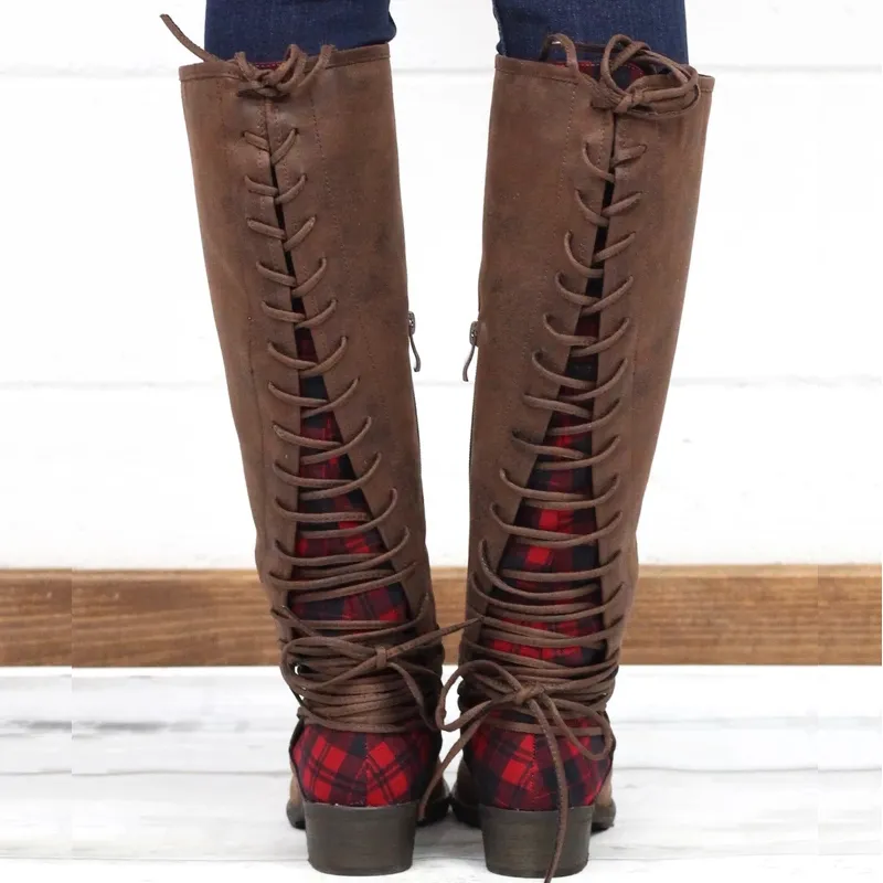 Chicvane Retro British Stylish Lace Up Red Plaid Knee High Boots with Zipper