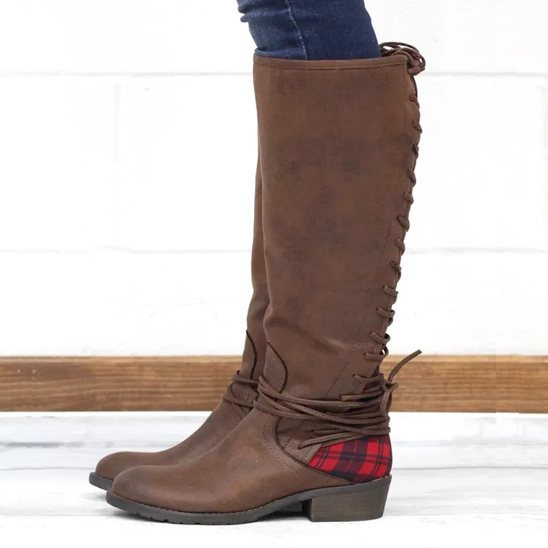Chicvane Retro British Stylish Lace Up Red Plaid Knee High Boots with Zipper