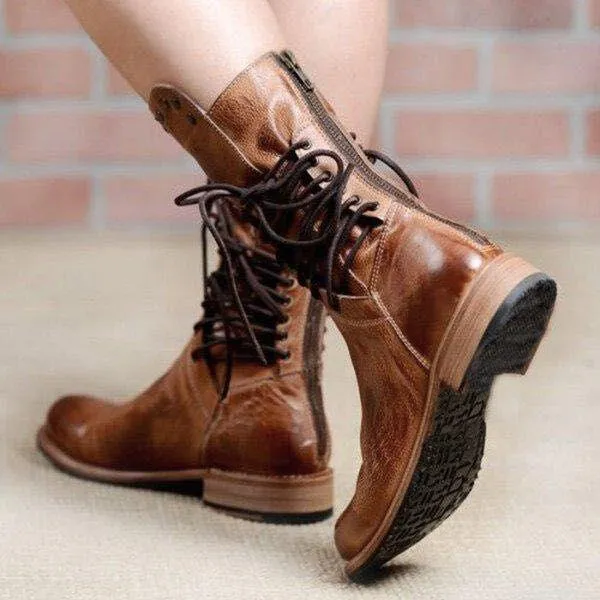 Chicvane Retro British Stylish Studded Chunky Heels Zipper Closure Mid Calf Boots With Lace