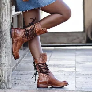 Chicvane Retro British Stylish Studded Chunky Heels Zipper Closure Mid Calf Boots With Lace