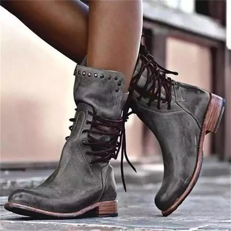 Chicvane Retro British Stylish Studded Chunky Heels Zipper Closure Mid Calf Boots With Lace