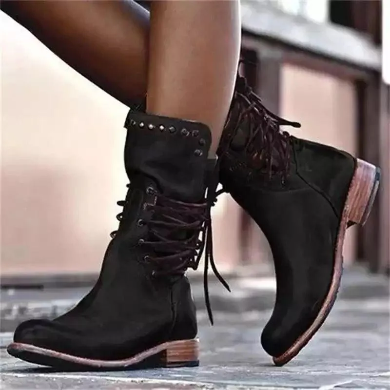Chicvane Retro British Stylish Studded Chunky Heels Zipper Closure Mid Calf Boots With Lace