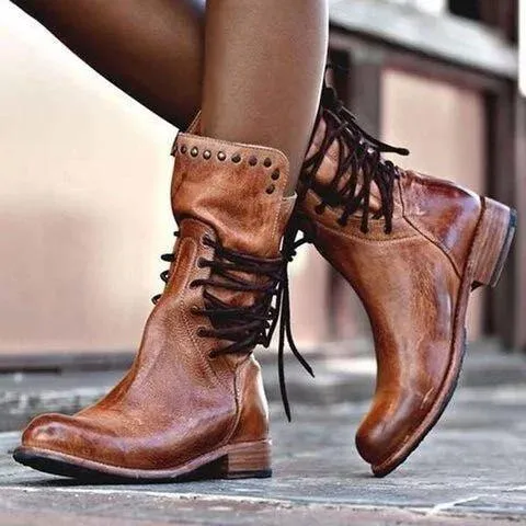 Chicvane Retro British Stylish Studded Chunky Heels Zipper Closure Mid Calf Boots With Lace