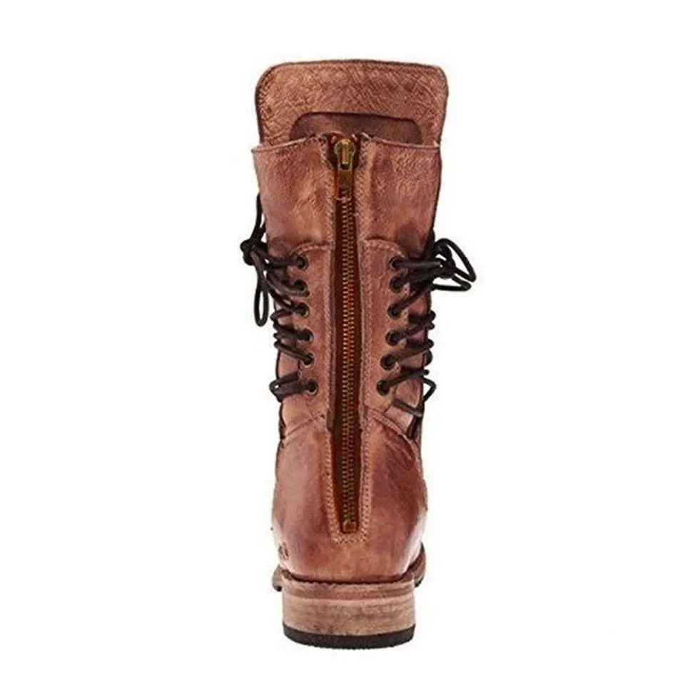 Chicvane Retro British Stylish Studded Chunky Heels Zipper Closure Mid Calf Boots With Lace