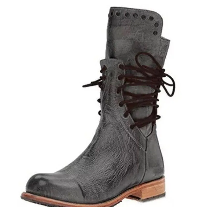 Chicvane Retro British Stylish Studded Chunky Heels Zipper Closure Mid Calf Boots With Lace