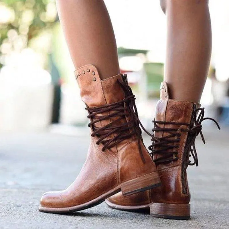 Chicvane Retro British Stylish Studded Chunky Heels Zipper Closure Mid Calf Boots With Lace
