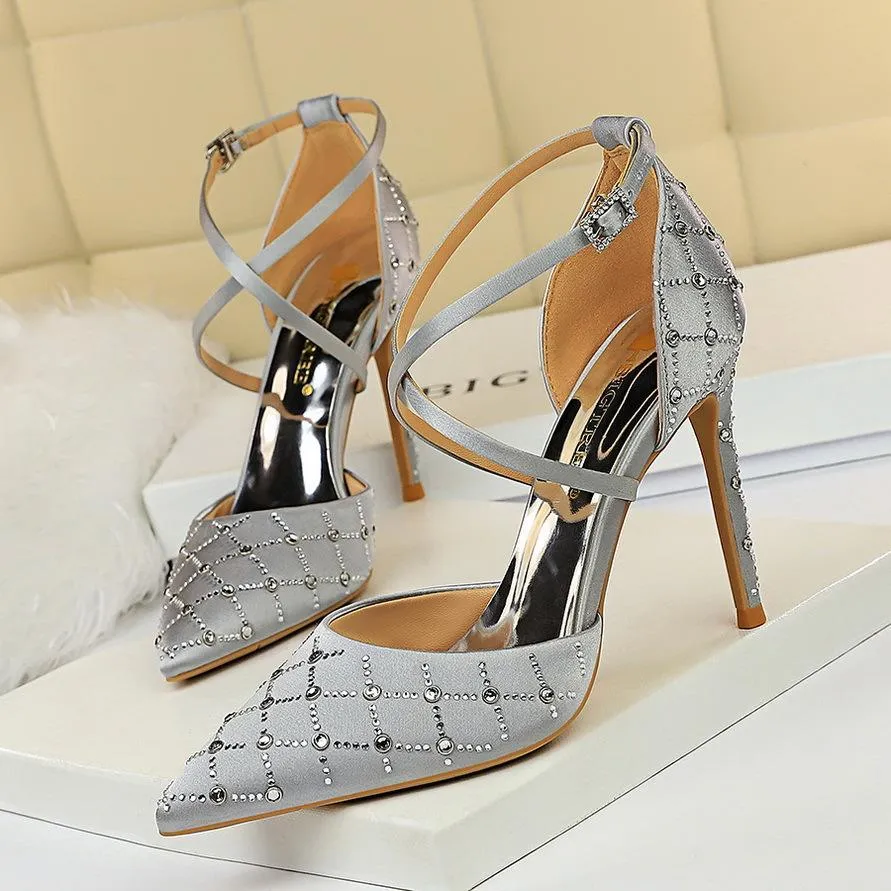 Chicvane Rhinestone Criss Cross Ankle Strap Adjustable Buckle Pointed Toe Stiletto Heel Bridal Heels