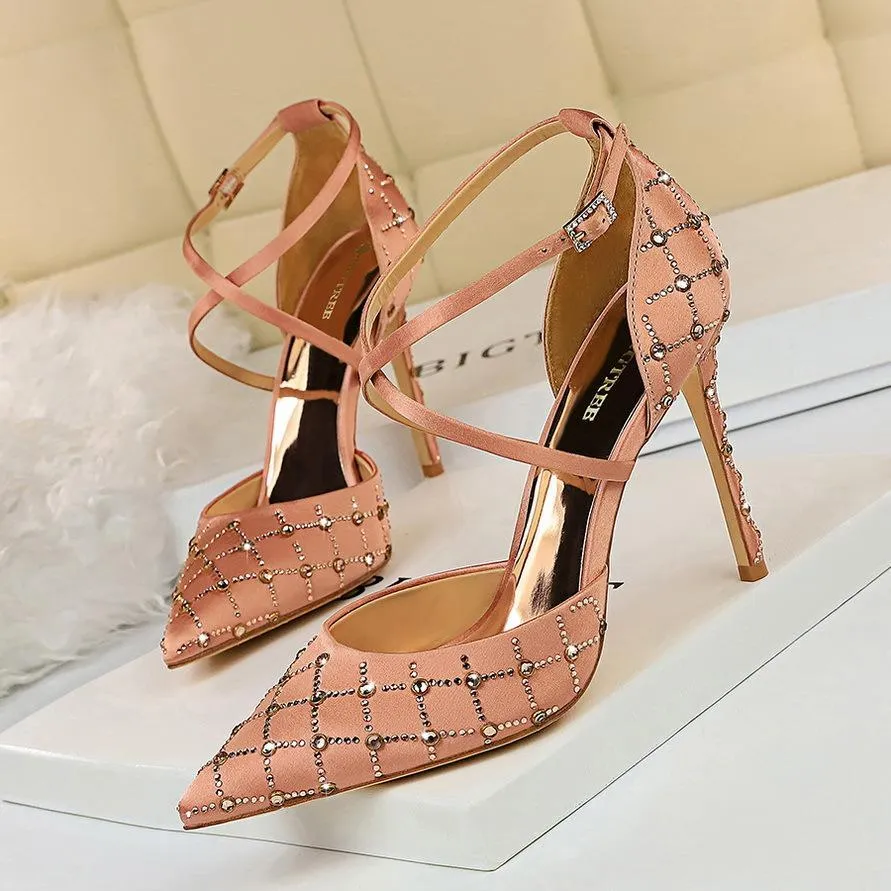 Chicvane Rhinestone Criss Cross Ankle Strap Adjustable Buckle Pointed Toe Stiletto Heel Bridal Heels