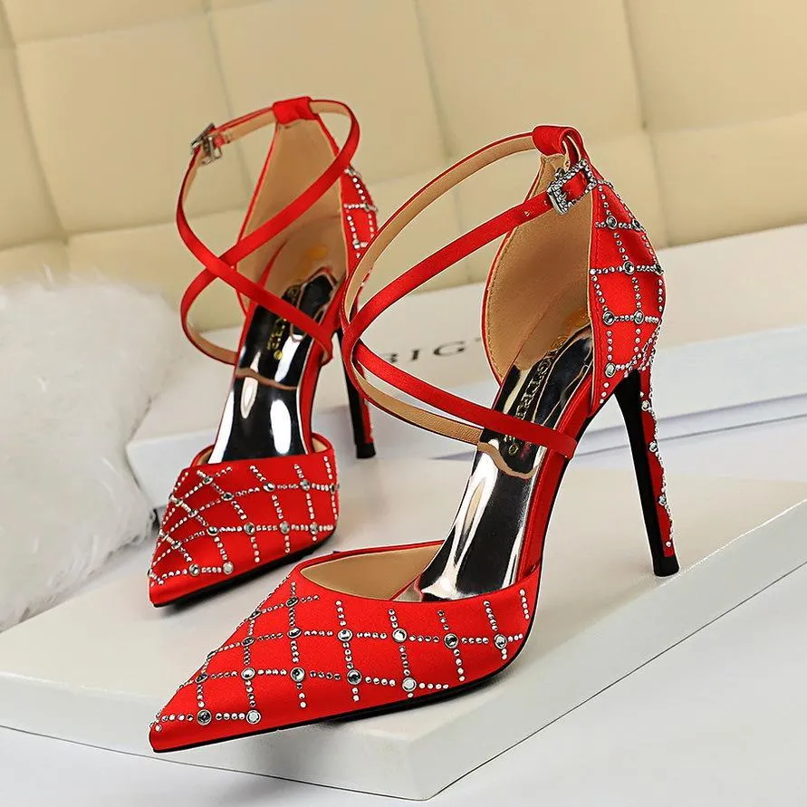 Chicvane Rhinestone Criss Cross Ankle Strap Adjustable Buckle Pointed Toe Stiletto Heel Bridal Heels