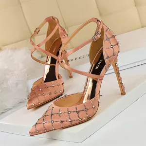 Chicvane Rhinestone Criss Cross Ankle Strap Adjustable Buckle Pointed Toe Stiletto Heel Bridal Heels