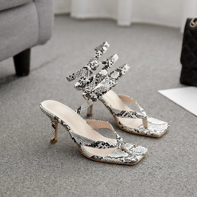 Chicvane Snake Printed Clip Toe Strappy Stilettos Square Toe Gladiator Sandals