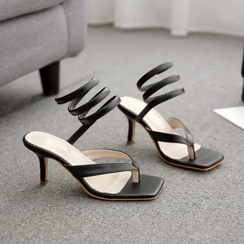 Chicvane Snake Printed Clip Toe Strappy Stilettos Square Toe Gladiator Sandals
