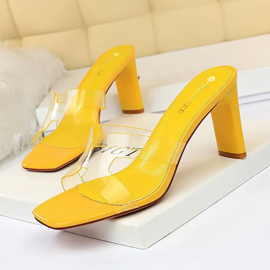 Chicvane Transparent Straps Square Toe Chunky Heel Slides Shoes