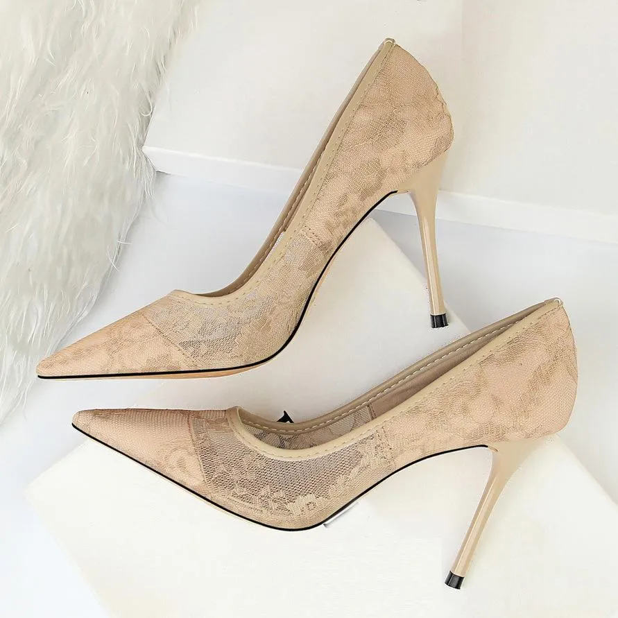 Chicvane Unique Design Pointed Toe Hollow Lace Stiletto Heel Bridal Shoes