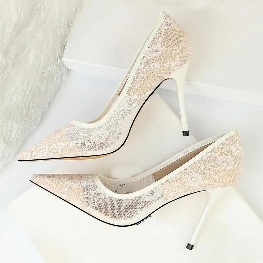Chicvane Unique Design Pointed Toe Hollow Lace Stiletto Heel Bridal Shoes