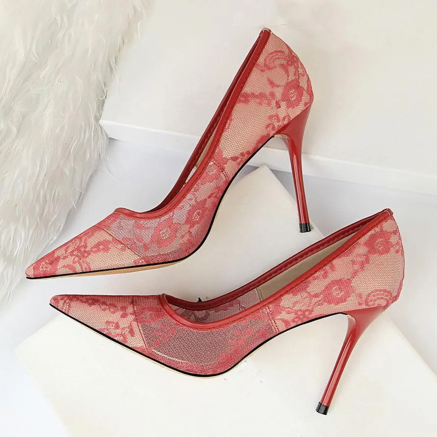 Chicvane Unique Design Pointed Toe Hollow Lace Stiletto Heel Bridal Shoes
