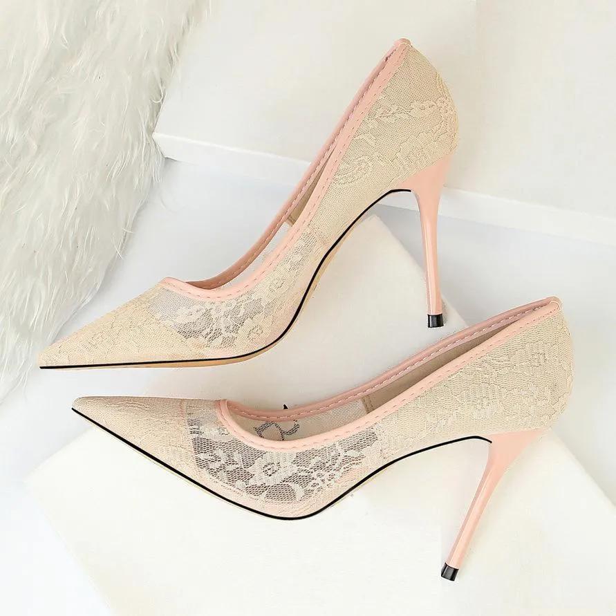 Chicvane Unique Design Pointed Toe Hollow Lace Stiletto Heel Bridal Shoes