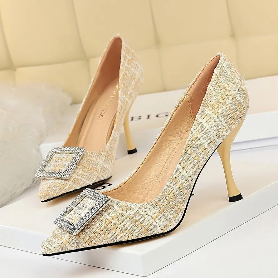 Chicvane Women's Crystal Buckle Color Block Cloth Stiletto Heels Pointed Toe Pump Shoes