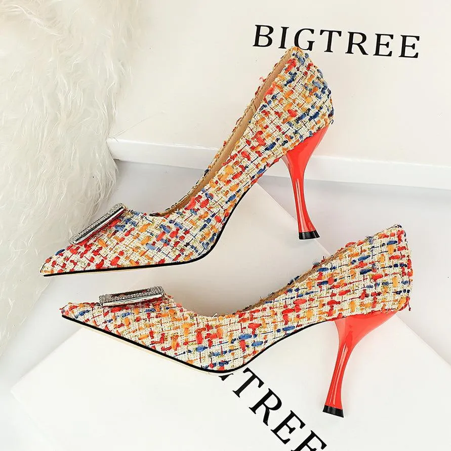 Chicvane Women's Crystal Buckle Color Block Cloth Stiletto Heels Pointed Toe Pump Shoes
