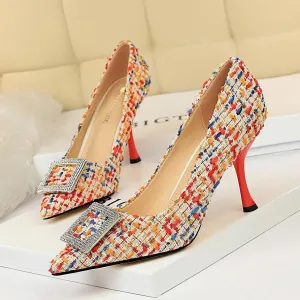 Chicvane Women's Crystal Buckle Color Block Cloth Stiletto Heels Pointed Toe Pump Shoes