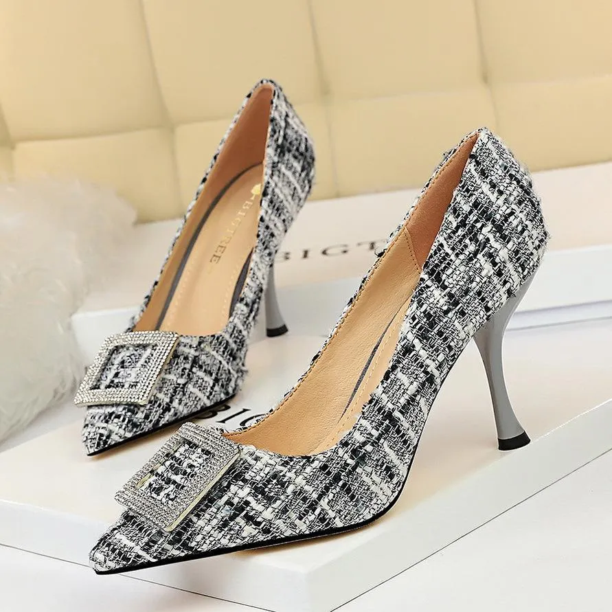 Chicvane Women's Crystal Buckle Color Block Cloth Stiletto Heels Pointed Toe Pump Shoes