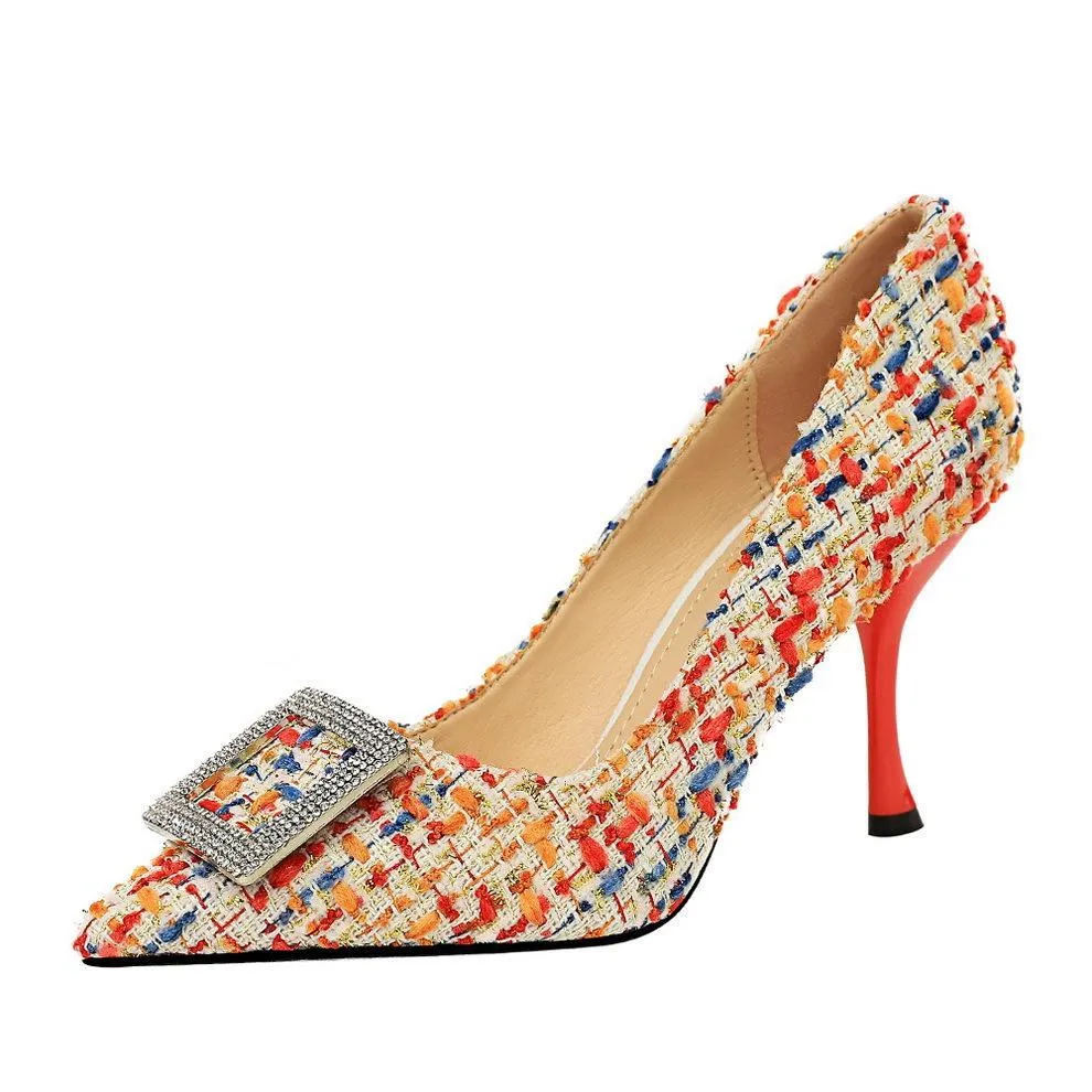Chicvane Women's Crystal Buckle Color Block Cloth Stiletto Heels Pointed Toe Pump Shoes