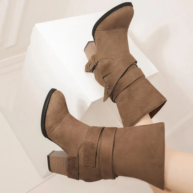 Chicvane Womens Faux Leather Stacked Chunky Heel Mid Calf Boots With Buckle Strap