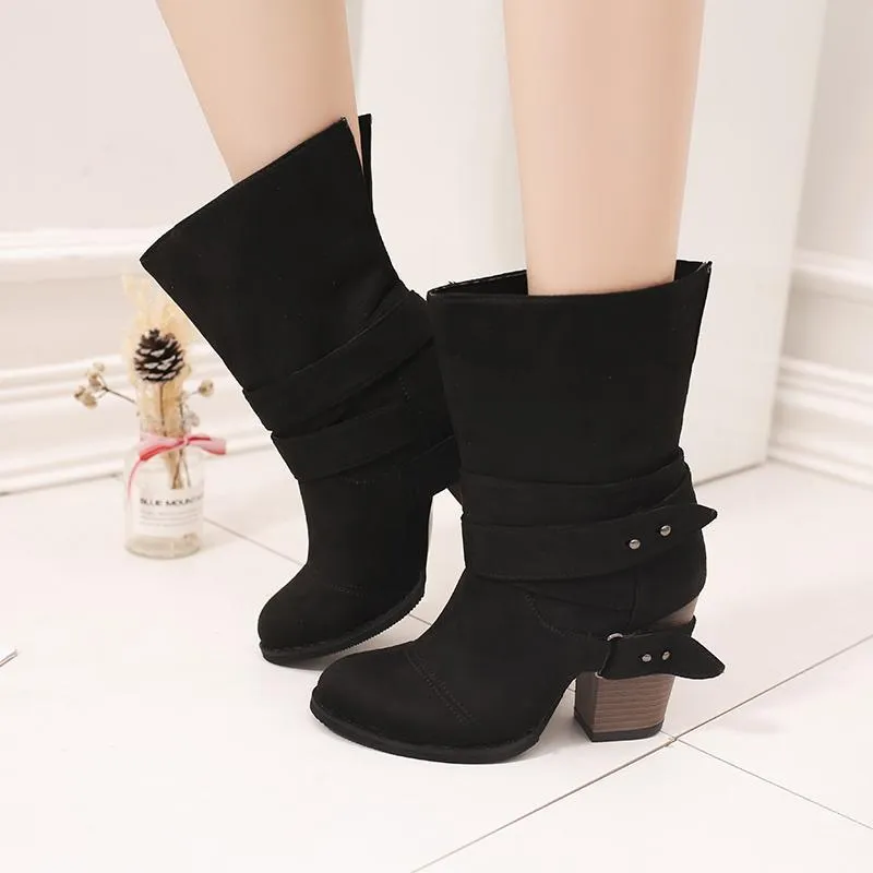Chicvane Womens Faux Leather Stacked Chunky Heel Mid Calf Boots With Buckle Strap