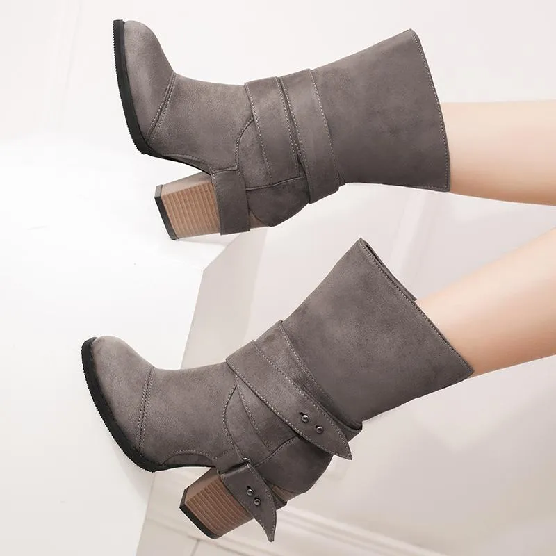 Chicvane Womens Faux Leather Stacked Chunky Heel Mid Calf Boots With Buckle Strap