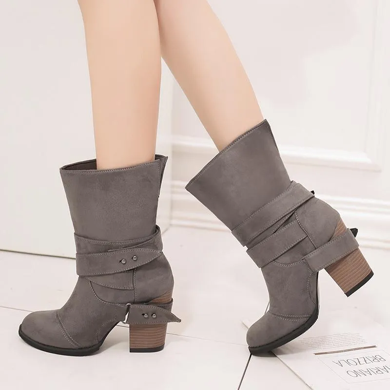 Chicvane Womens Faux Leather Stacked Chunky Heel Mid Calf Boots With Buckle Strap