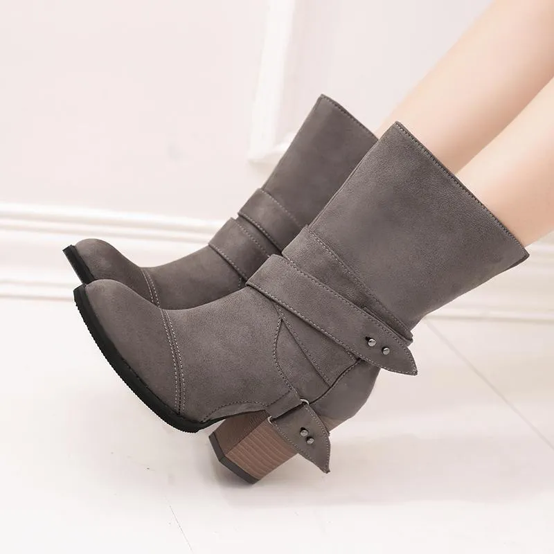 Chicvane Womens Faux Leather Stacked Chunky Heel Mid Calf Boots With Buckle Strap