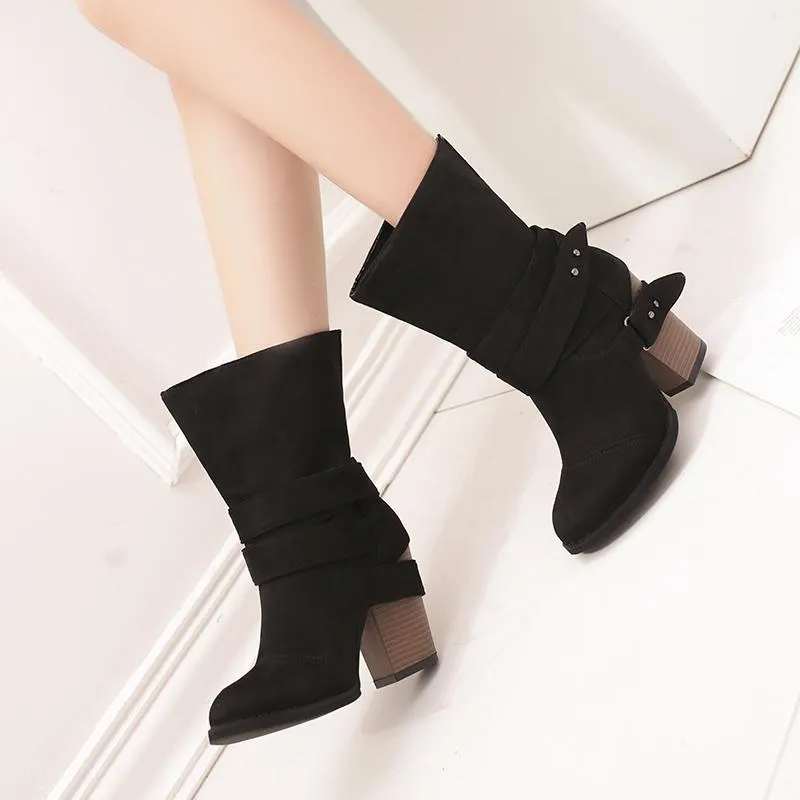 Chicvane Womens Faux Leather Stacked Chunky Heel Mid Calf Boots With Buckle Strap