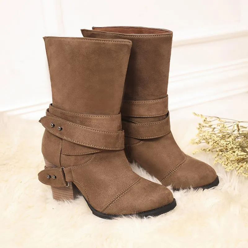 Chicvane Womens Faux Leather Stacked Chunky Heel Mid Calf Boots With Buckle Strap