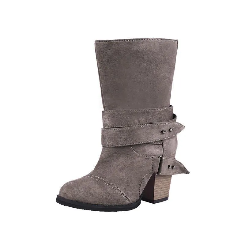 Chicvane Womens Faux Leather Stacked Chunky Heel Mid Calf Boots With Buckle Strap