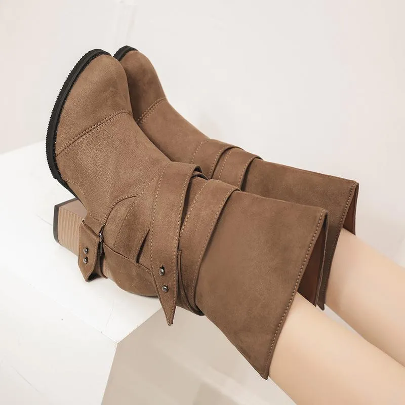 Chicvane Womens Faux Leather Stacked Chunky Heel Mid Calf Boots With Buckle Strap