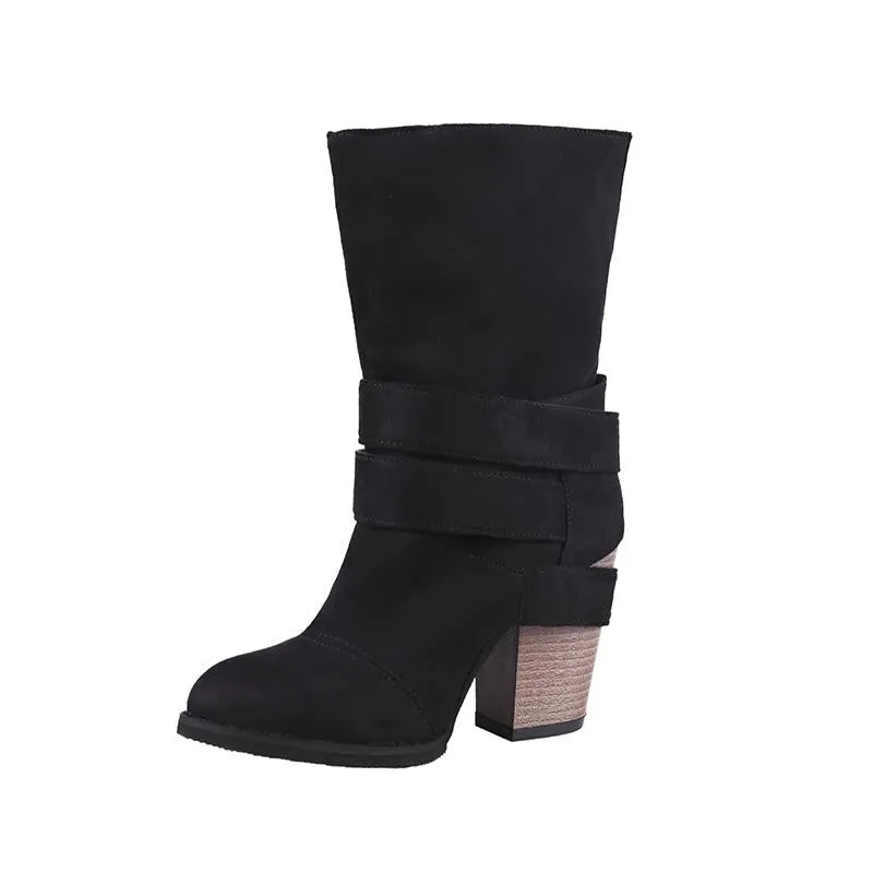 Chicvane Womens Faux Leather Stacked Chunky Heel Mid Calf Boots With Buckle Strap