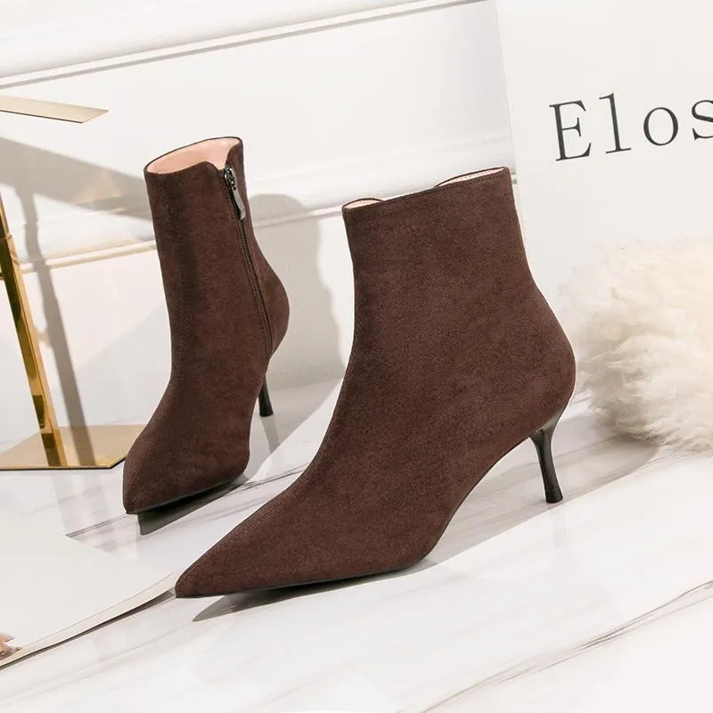 Chicvane Womens Pointed Toe Stiletto Heel Suede Zipper Closure Ankle Boots