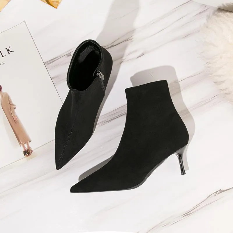 Chicvane Womens Pointed Toe Stiletto Heel Suede Zipper Closure Ankle Boots