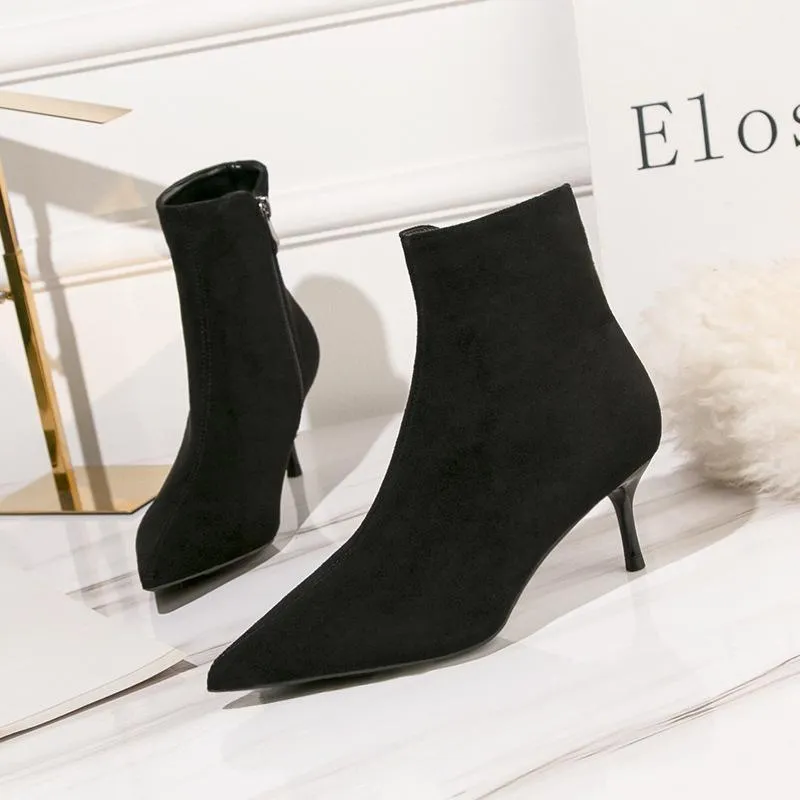 Chicvane Womens Pointed Toe Stiletto Heel Suede Zipper Closure Ankle Boots