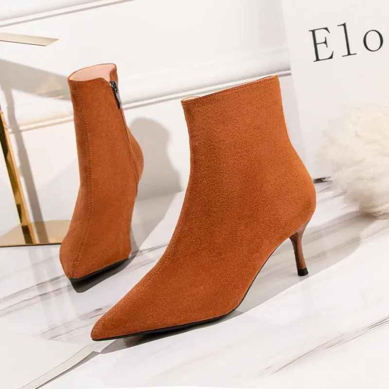 Chicvane Womens Pointed Toe Stiletto Heel Suede Zipper Closure Ankle Boots