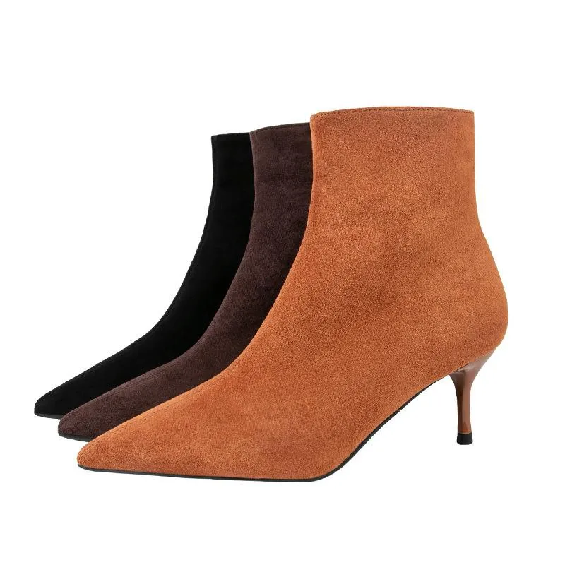 Chicvane Womens Pointed Toe Stiletto Heel Suede Zipper Closure Ankle Boots