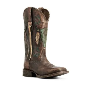 Chicvane Women's Printing Embroidery Low Chunky Heel Knee High Boots Retro Riding Boot