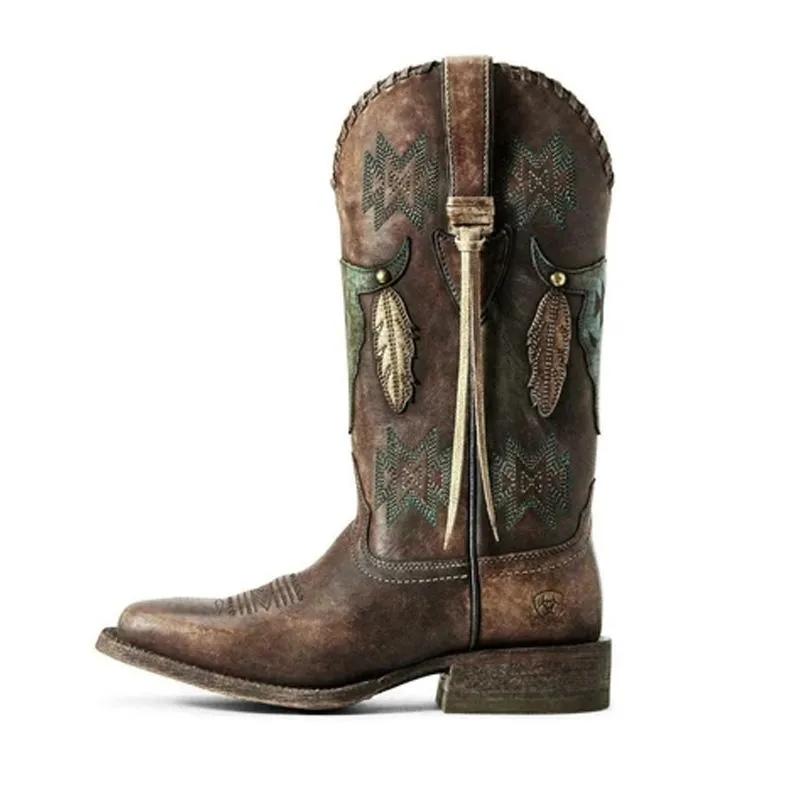 Chicvane Women's Printing Embroidery Low Chunky Heel Knee High Boots Retro Riding Boot