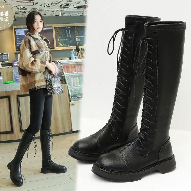Chicvane Womens PU Lace Up Martin Boots Flat Heel Knee High Boots