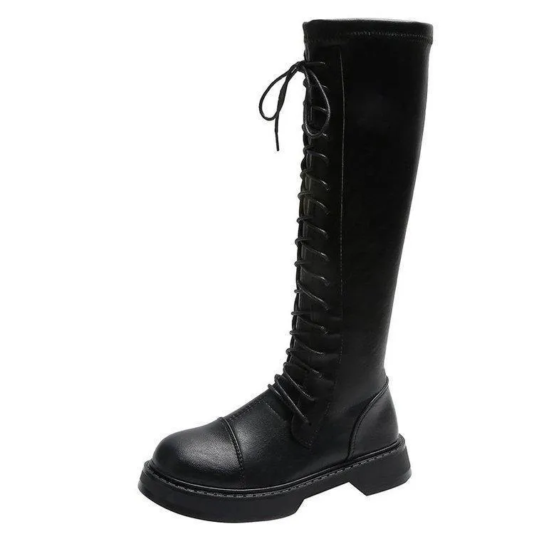 Chicvane Womens PU Lace Up Martin Boots Flat Heel Knee High Boots