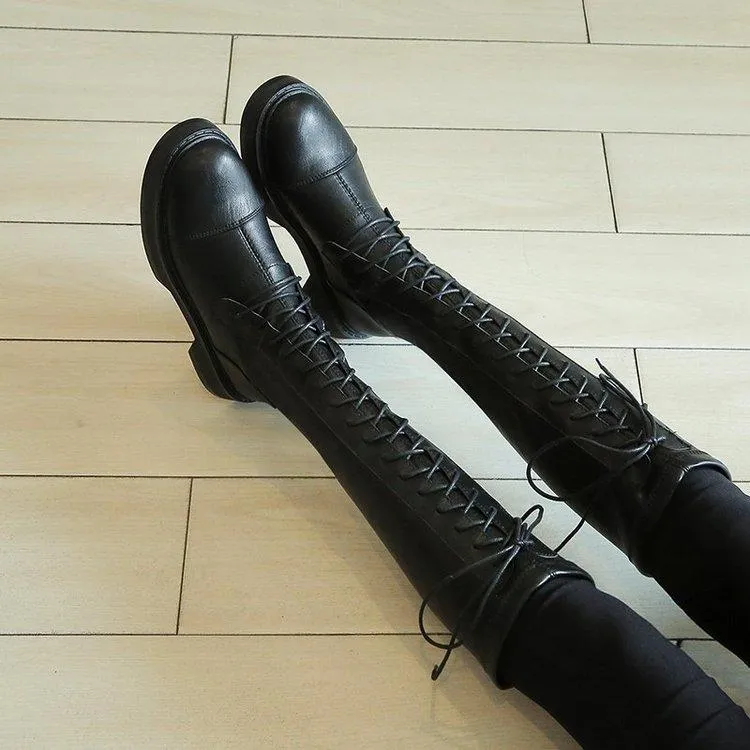 Chicvane Womens PU Lace Up Martin Boots Flat Heel Knee High Boots
