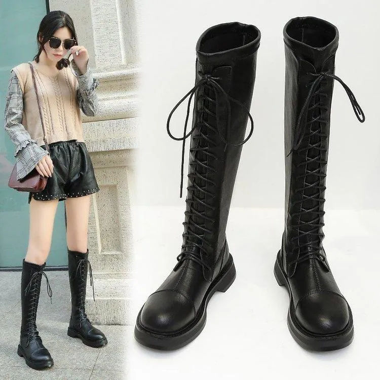 Chicvane Womens PU Lace Up Martin Boots Flat Heel Knee High Boots